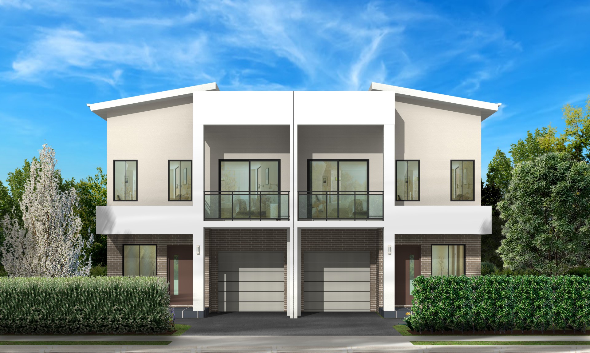 Panoramic streetscape view of Signature at Rouse Hill Park from Rouse Road showing multiple modern homes with varied facades and mature street trees