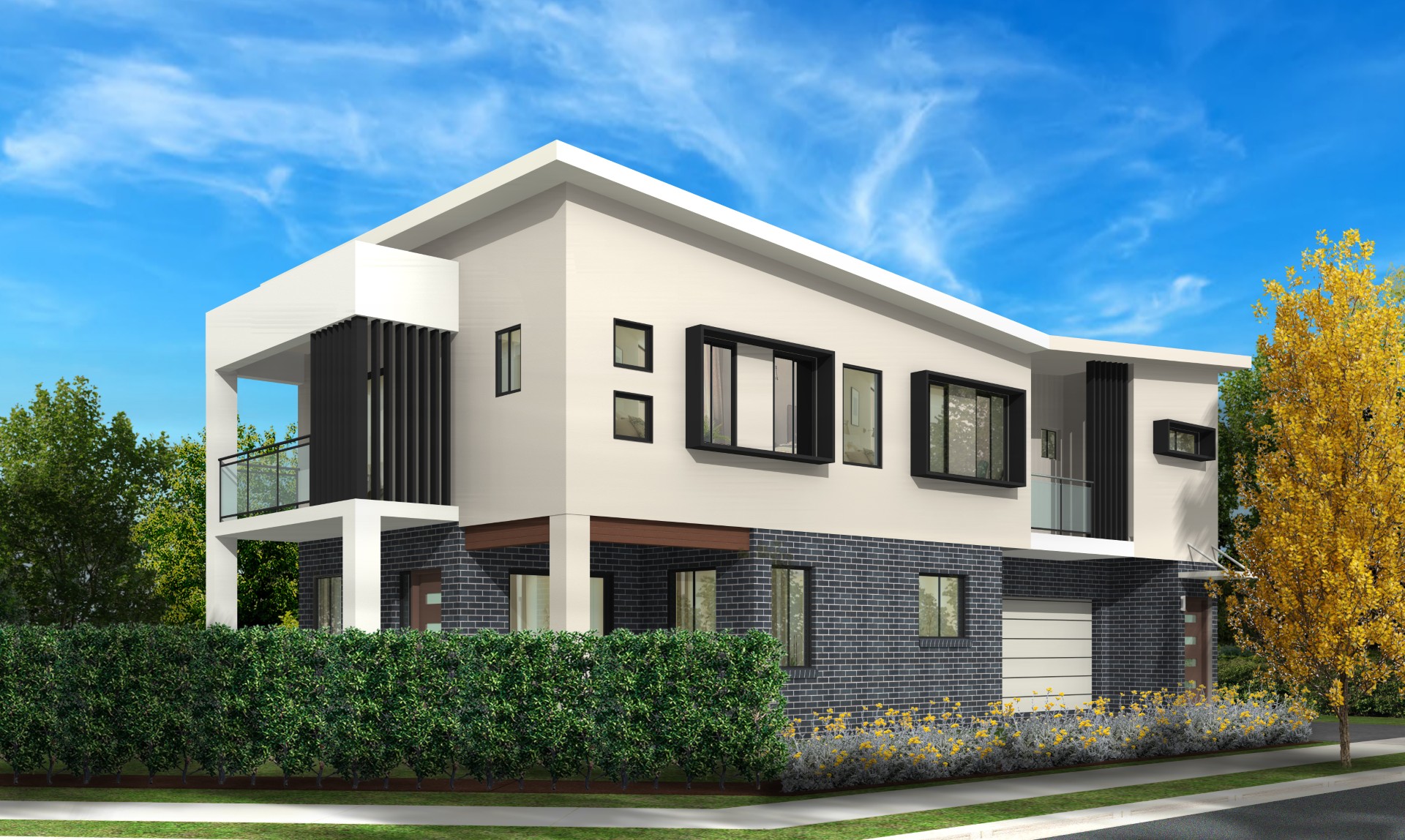 Contemporary corner home design with dark brick ground floor, white angular upper level, balcony and landscaped garden bed