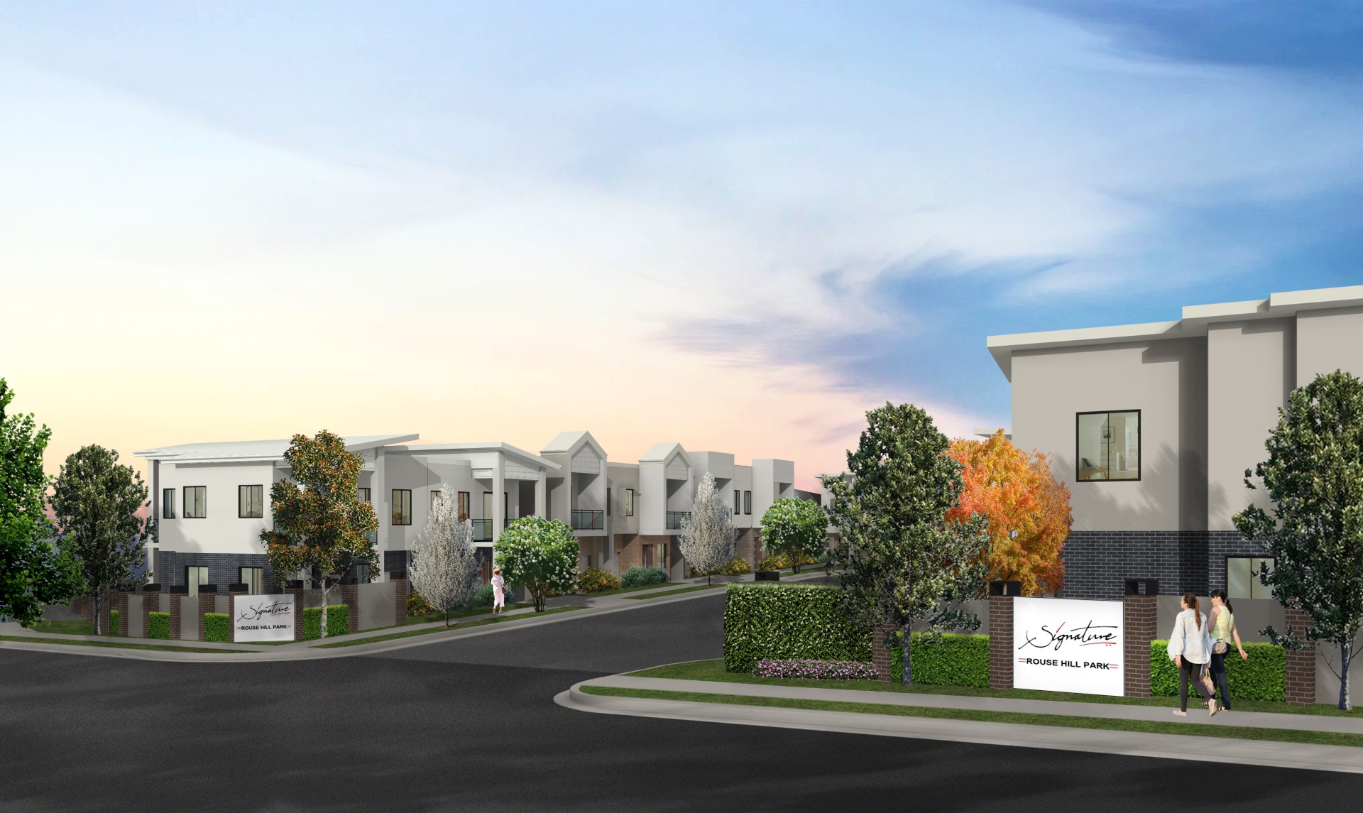 Gabled home design with white render upper level, brick base, dual garages and symmetrical hedged front gardens