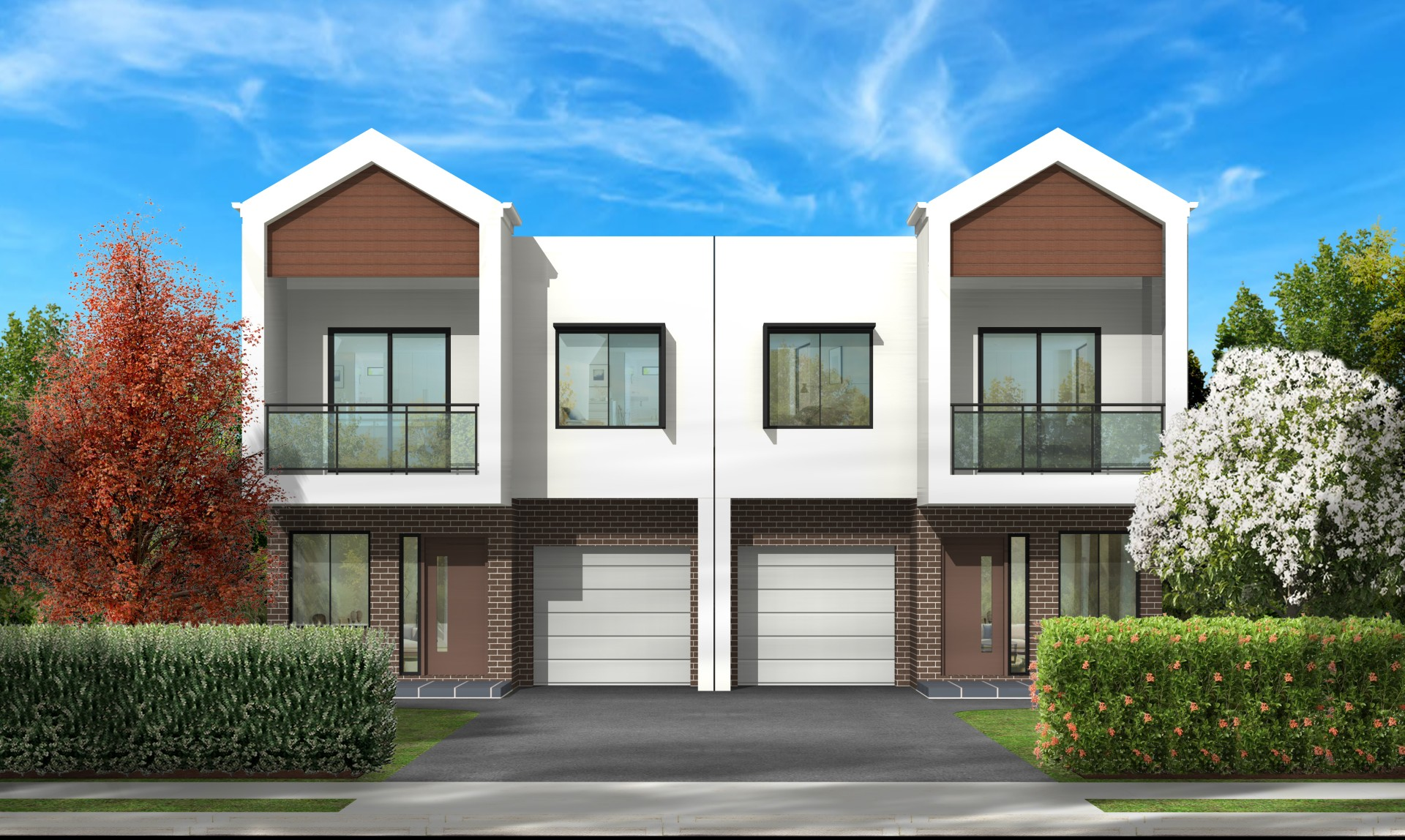 Sunset view of the Signature at Rouse Hill Park estate entrance showing modern two-storey homes with landscaped streetscape and branded signage